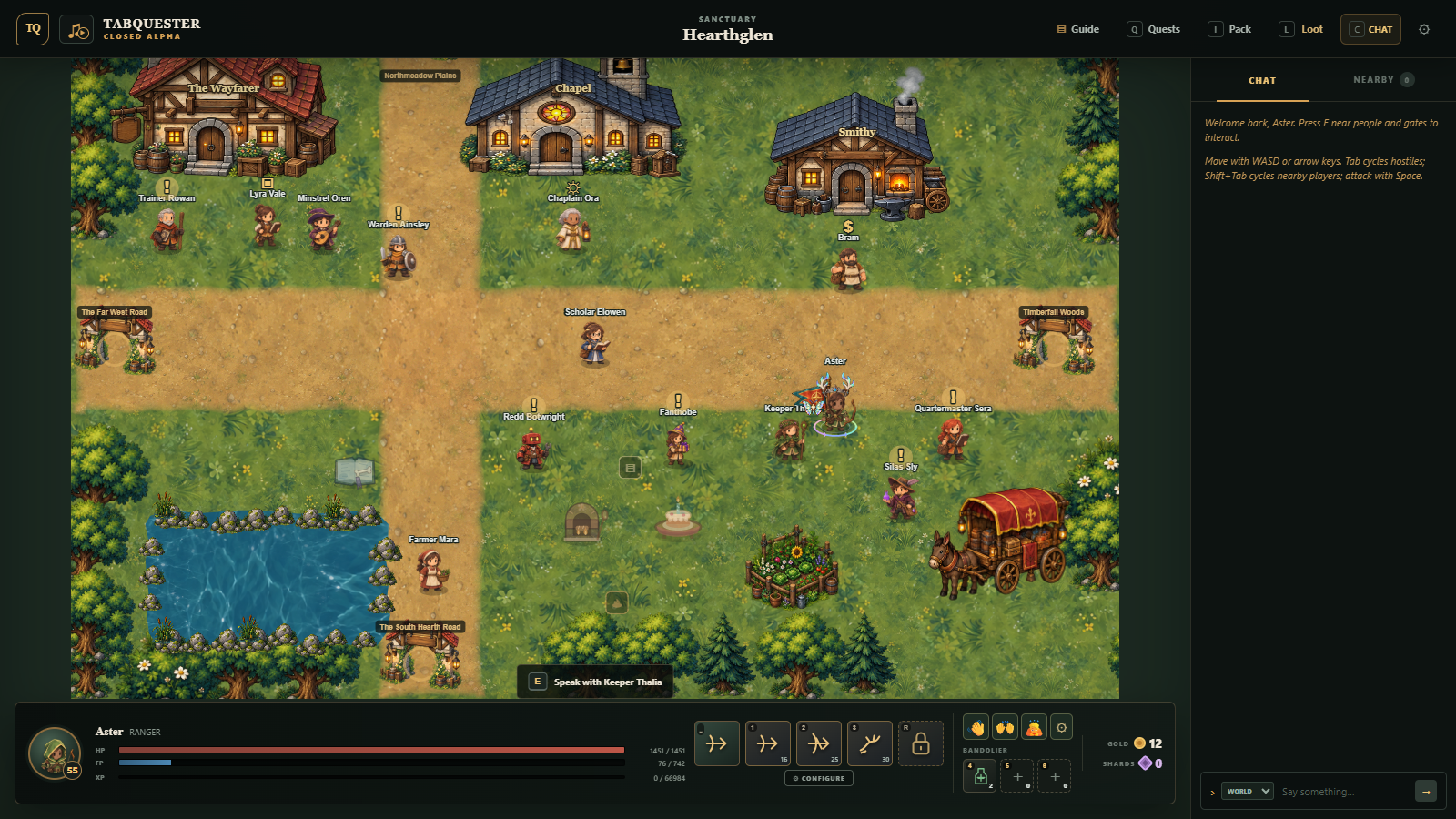 Storybook gameplay in Hearthglen, with painted buildings, townsfolk, and a ranger wearing an aurora crown.