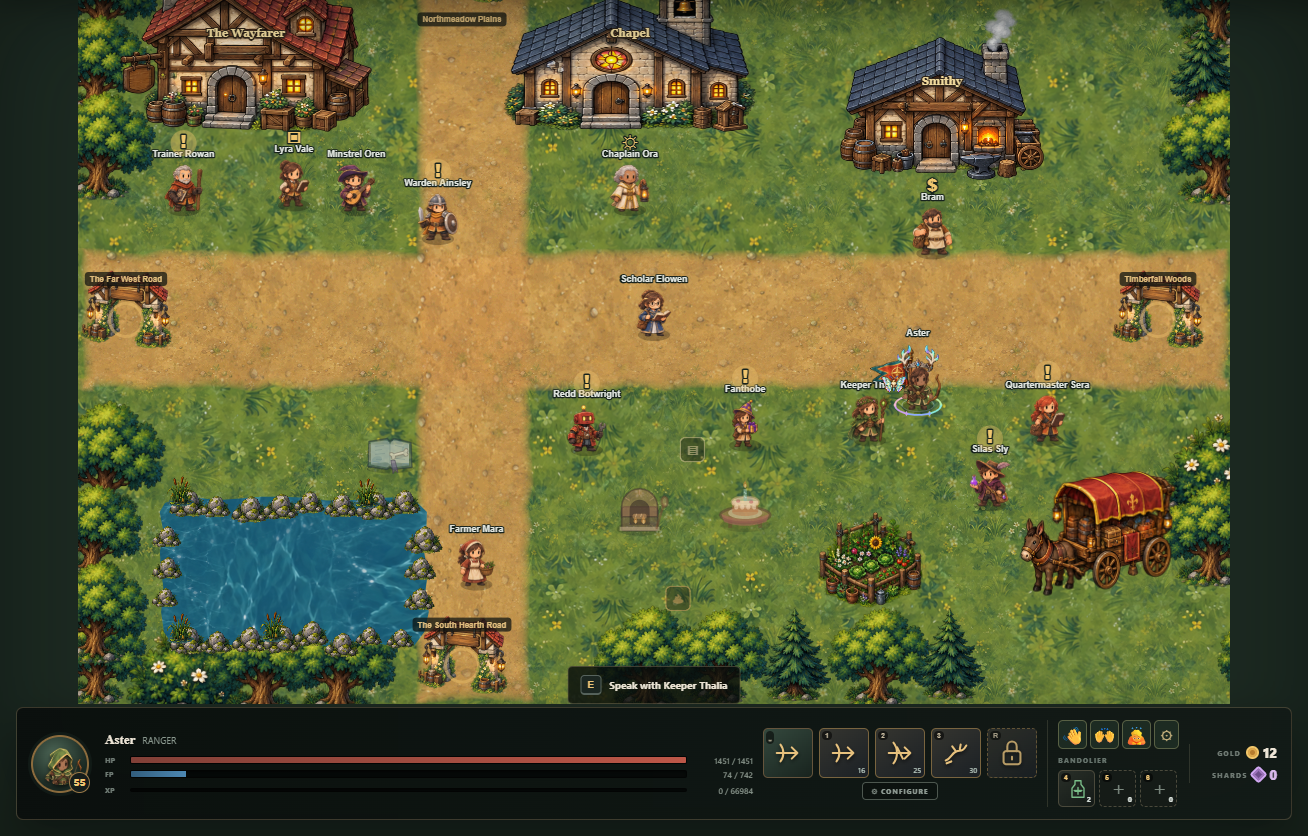 A ranger in an aurora antler crown with an explorer pennant and glasswing moth among Hearthglen's painted houses and townsfolk.