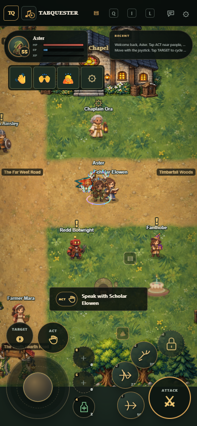 Actual Storybook mobile gameplay in Hearthglen with the joystick and curved combat controls.
